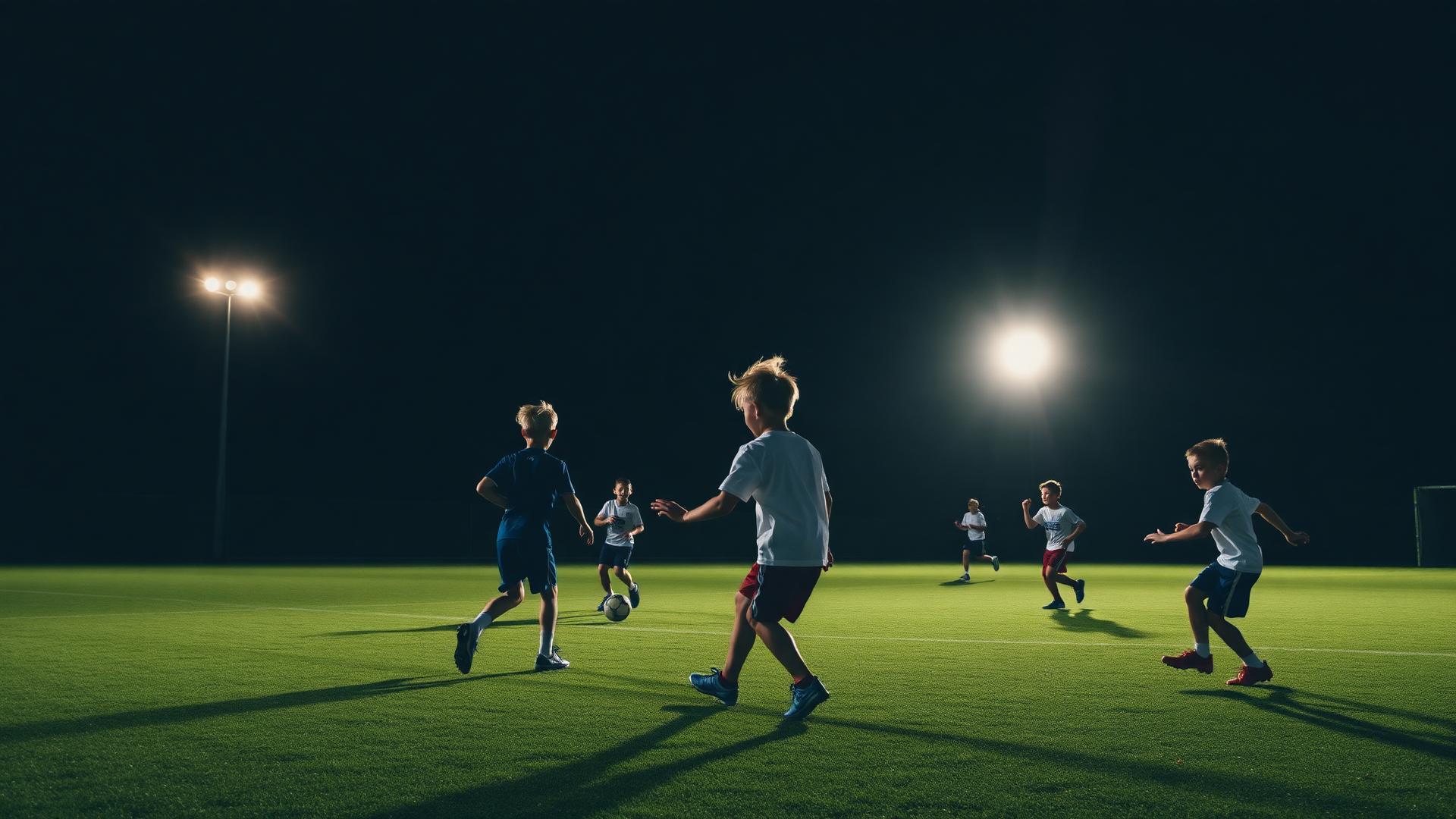 Barn spelar fotboll under kvällsljus